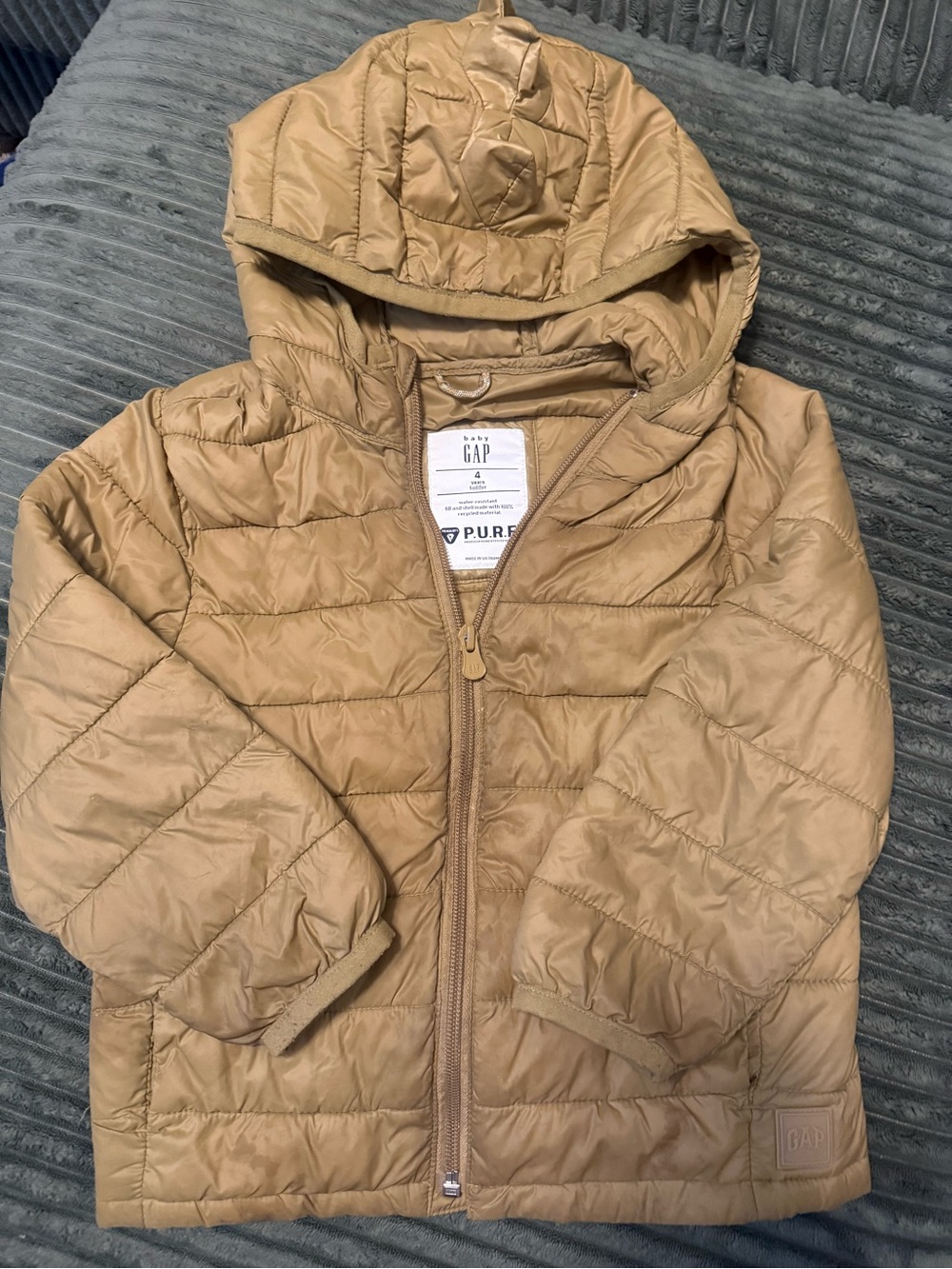 GAP Kids Hooded Puffer Jacket in Tan
